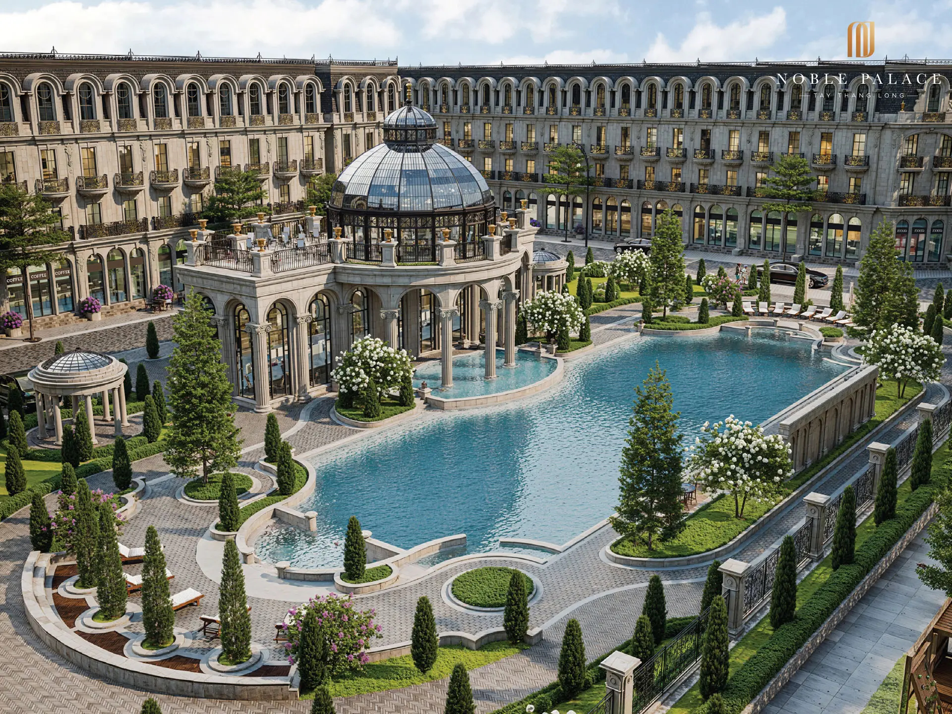 Tiện ích Noble Palace Tây Thăng Long 11 Phối cảnh ốc đảo nghỉ dưỡng Infinity Oasis tại Phân khu Harmony, Noble Palace, thể hiện không gian sống an nhiên và chữa lành với bể bơi và clubhouse sang trọng.